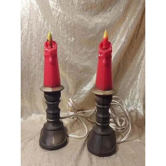 Vintage Pair 1960's Blow Mold Plastic Christmas Candle Holder Flame Bulb READ - Picture 12 of 16
